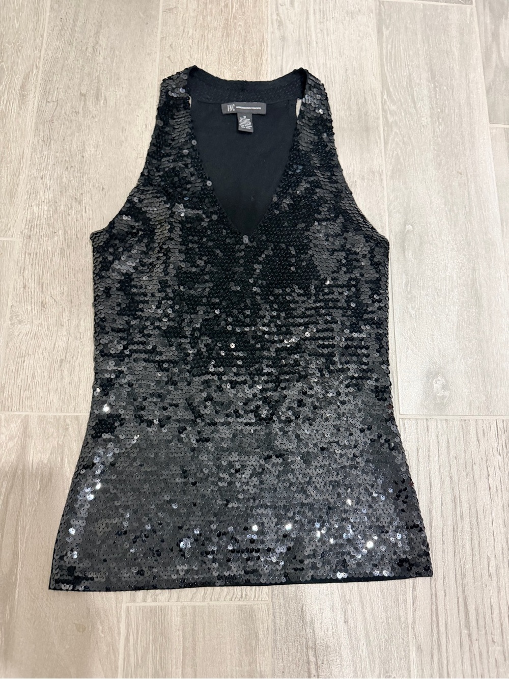 INC International Concepts Black Sequin V-Neck Tank Top Athletic Back shiny